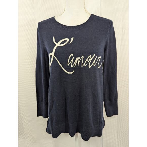 LOFT! DEEPEST NAVY BLUE LIGHTWEIGHT SWEATER, "L'AMOUR" KNIT GRAPHIC- CREAM! SZ M - Picture 2 of 8